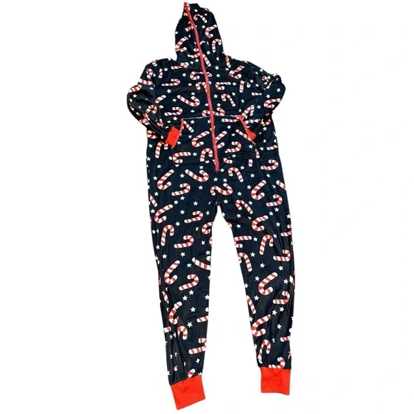 Unisex Adult Candy Cane Christmas Onesie Hoodie Pajamas Sz Small Fleece NWOT - Picture 3 of 9